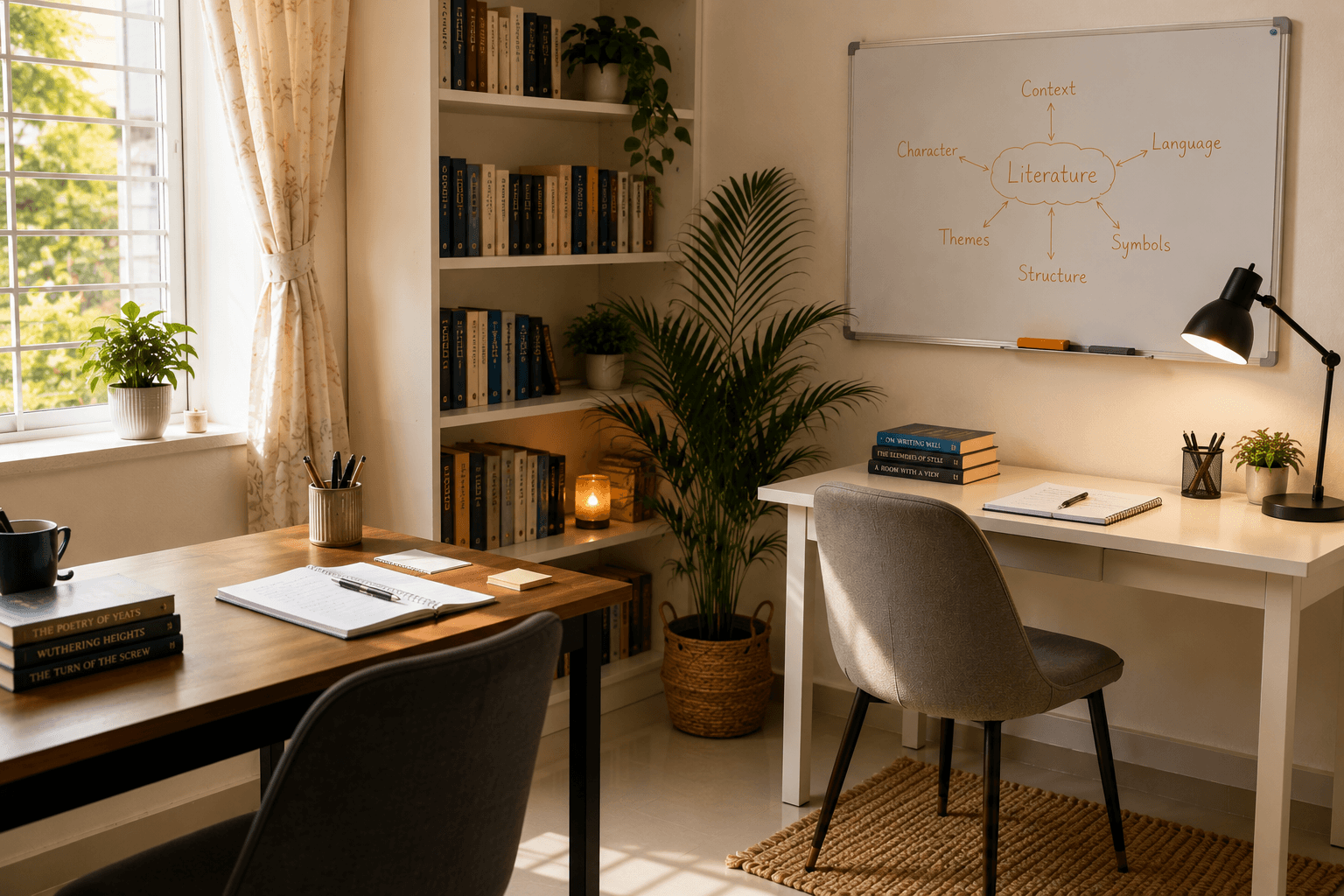 A bright, calm study room corner with a whiteboard and bookshelf