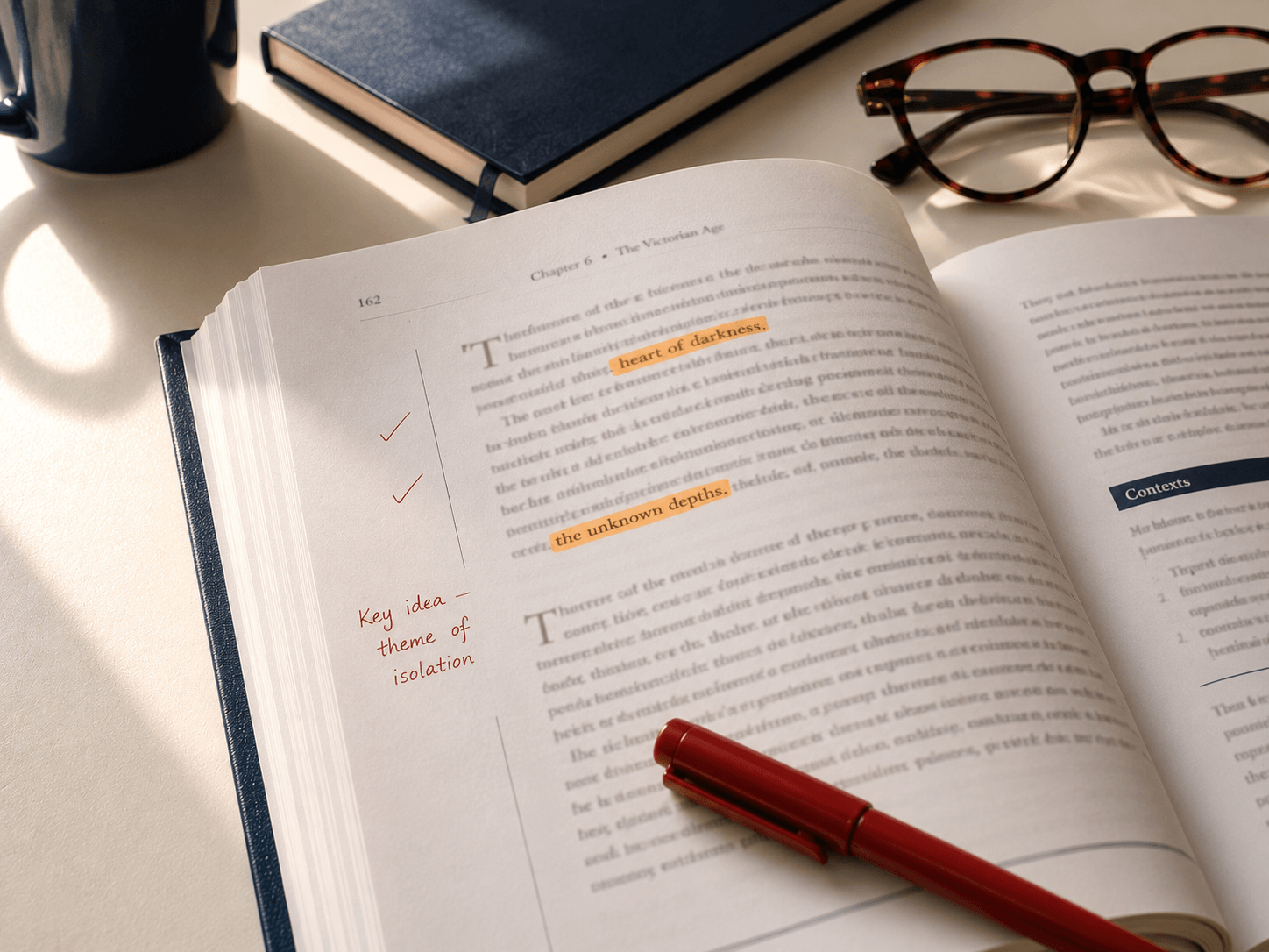 An open CBSE English textbook page annotated with amber highlighter and red margin ticks