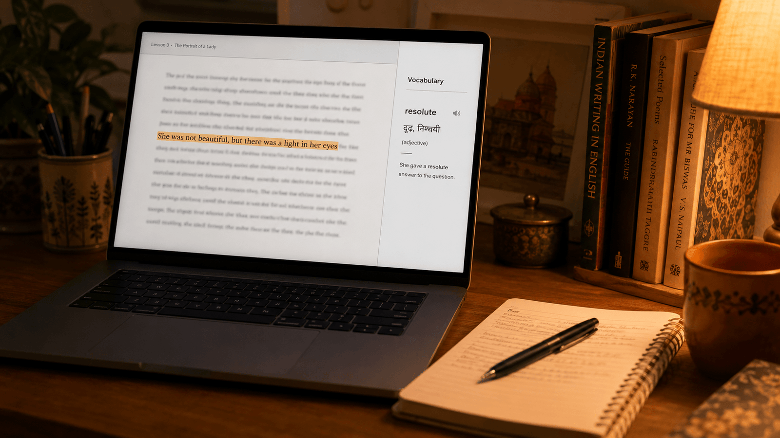 A laptop showing a highlighted line of text with an on-screen Hindi vocabulary panel