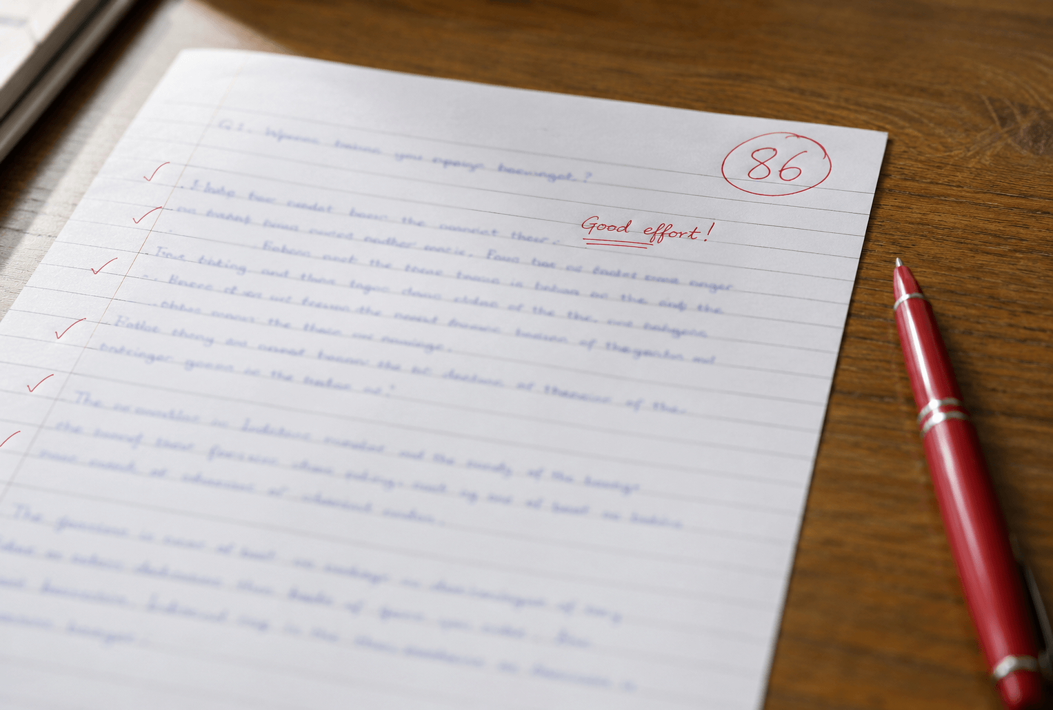 Illustrative evaluated English answer script with margin ticks and a circled score